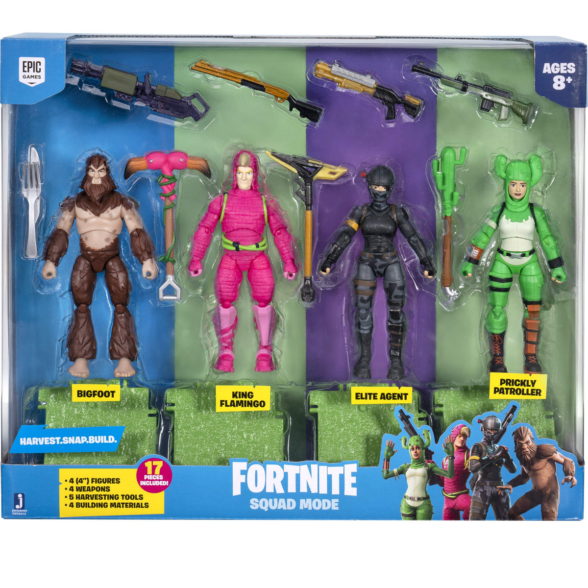 Fortnite Alchemist Squad Mode, 4 Figure Pack - 4 Inch King Flamingo, Prickly Patroller, Bigfoot, Elite Agent Collectible Action Figures, Plus 5