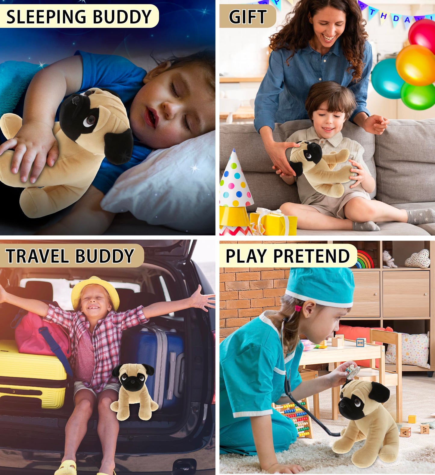 DolliBu Sitting Pug Stuffed Animal Dog Plush Toy, Kids & Adults Huggable Puppy Cuddle Gifts, Cute Stuffed Animals for Toddler & Baby First Teddy Bear