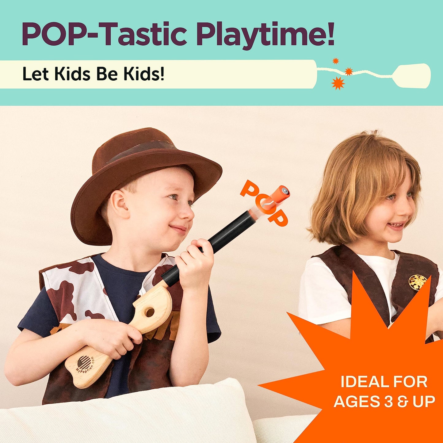 Black Toy Pop Gun for Kids - Wooden Toy Guns for Boys 3-12, Fake Gun