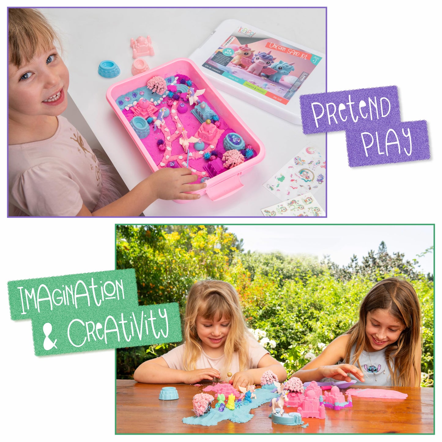 Kipipol Unicorn Sensory Bin for Toddlers 3-4, 5-7 Magic Sand Art Kit w Sandbox, 2.4 LB of Sensory Sand, 10 Sand Toys, 4 Unicorn Toys for Girls Age