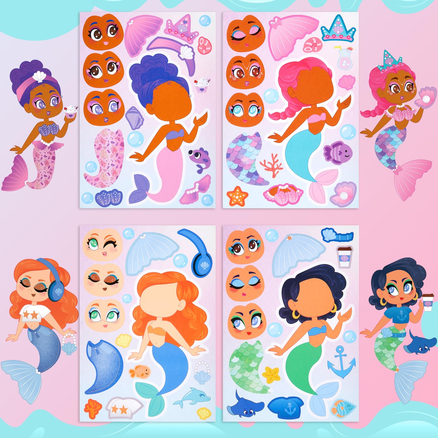 JOYIN 36 Pcs 9"x6" Mermaid Make a face Stickers for Kids, Make Your Own Mermaid Sticker Sheets, Party Favors Kids Crafts, Goodie Bags Stuffers
