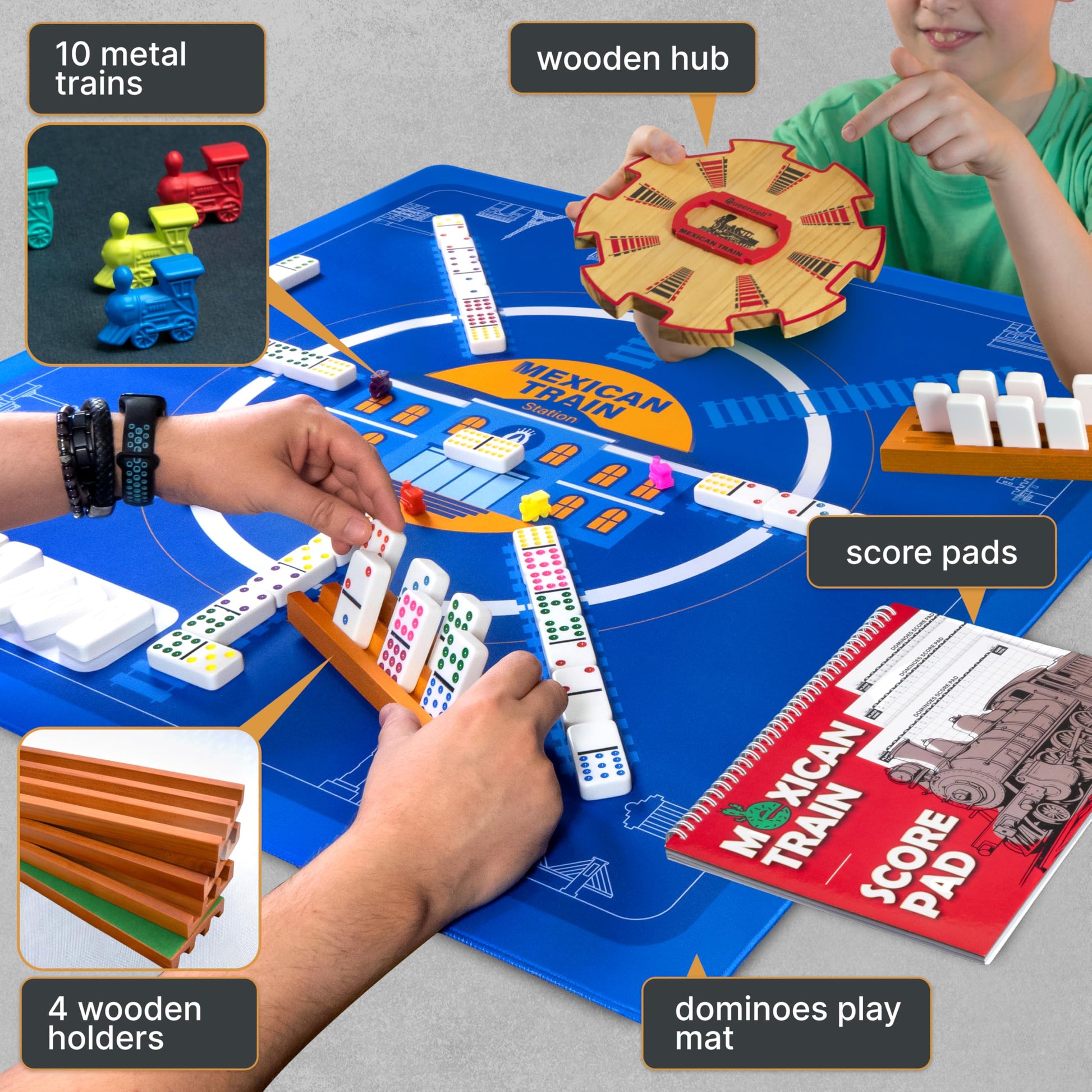 Mexican Train Dominoes Set with 4 Holders - Dominoes Double 12 with Wooden Hub and Tiles Holders - Double 12 Dominos Set for Family Game Night