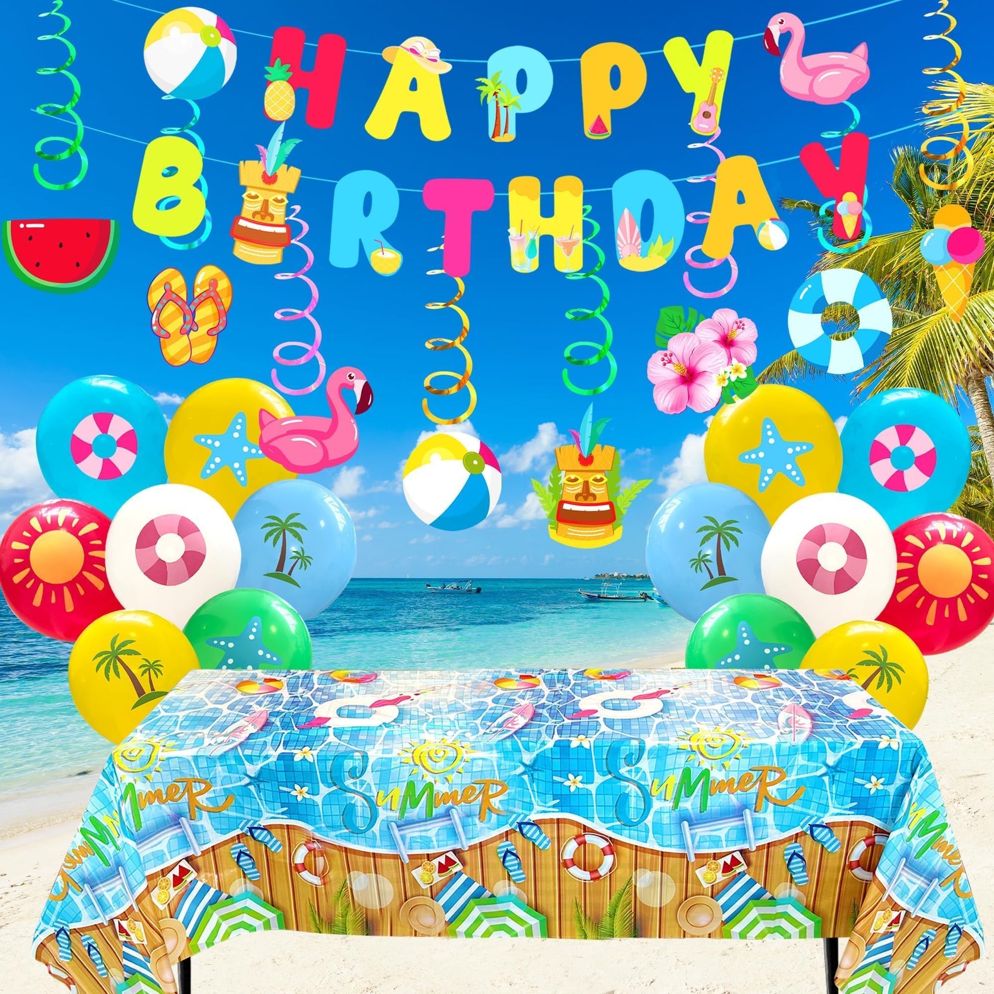 Summer Party Decotrations Pool Partys Decor Beach Theme Party Supplies Include Birthday Banner Tablecloth Balloons for Hawaiian Birthday Party