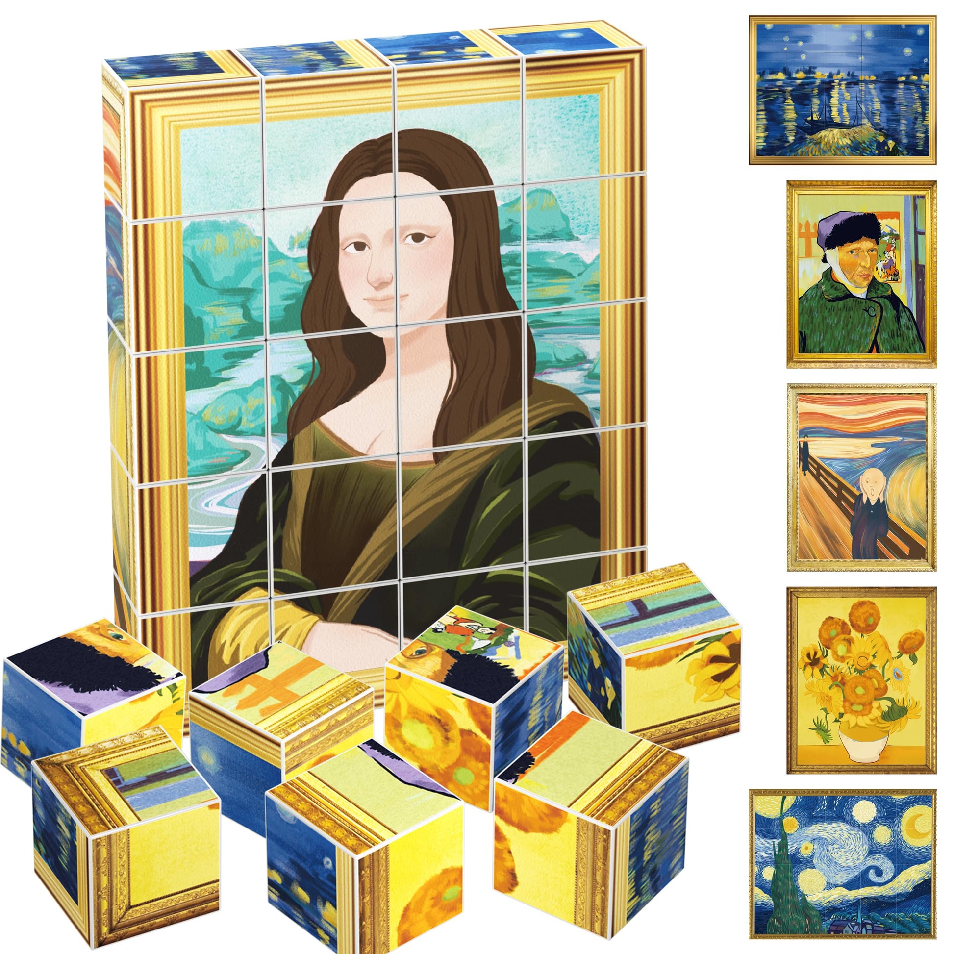 PicassoTiles 20pcs 1” Magnetic Puzzle Building Cubes Blocks for Kids, Van Gogh, Mona Lisa Hand Puzzle, STEM Magnet Toy Mix&Match Educational Popular