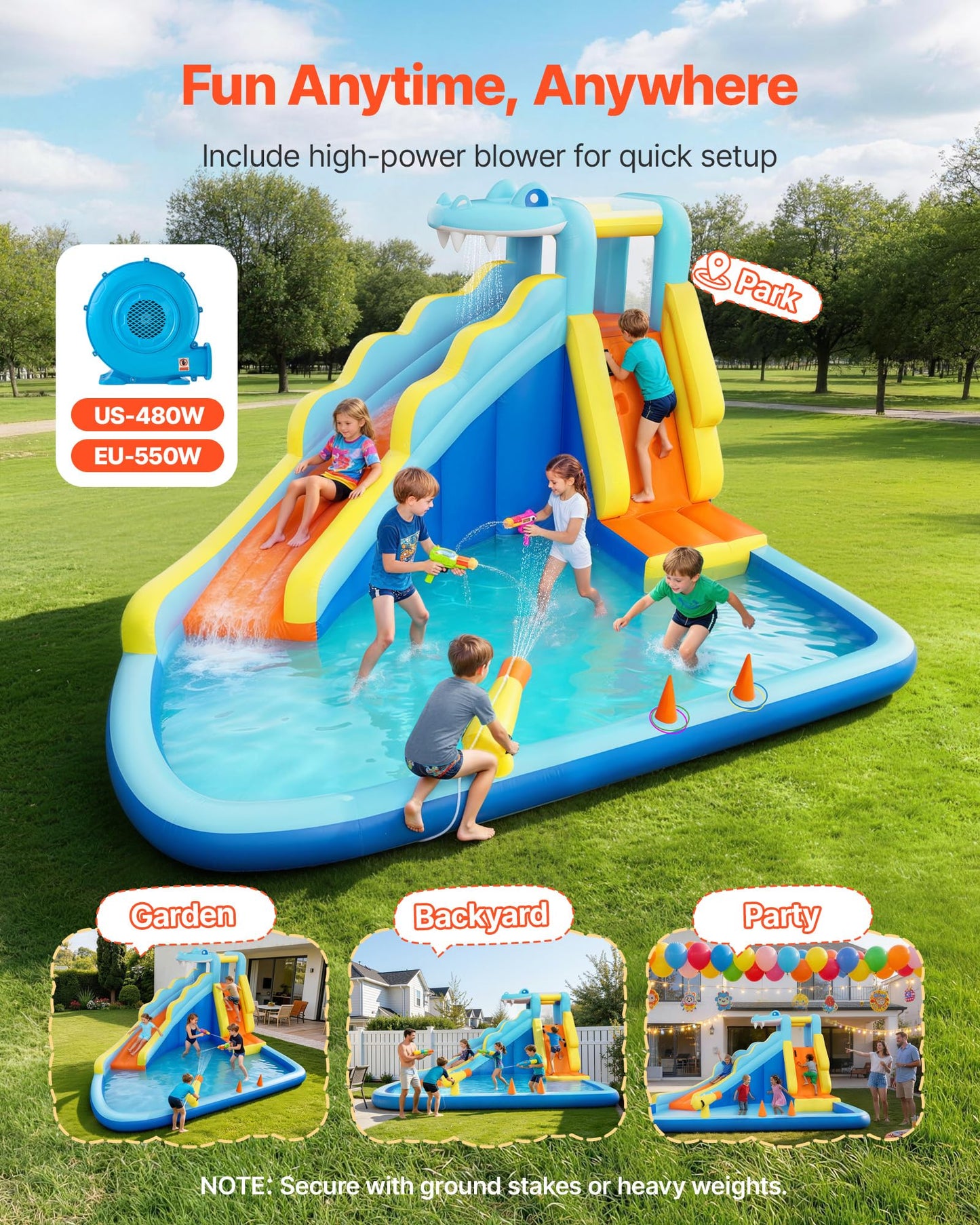 VEVOR Inflatable Crocodile Bounce House with Blower, Spacious 6-in-1 Kids Water Park with Slide, Splash Pool, Water Cannon, Ring Toss & Climbing Wall