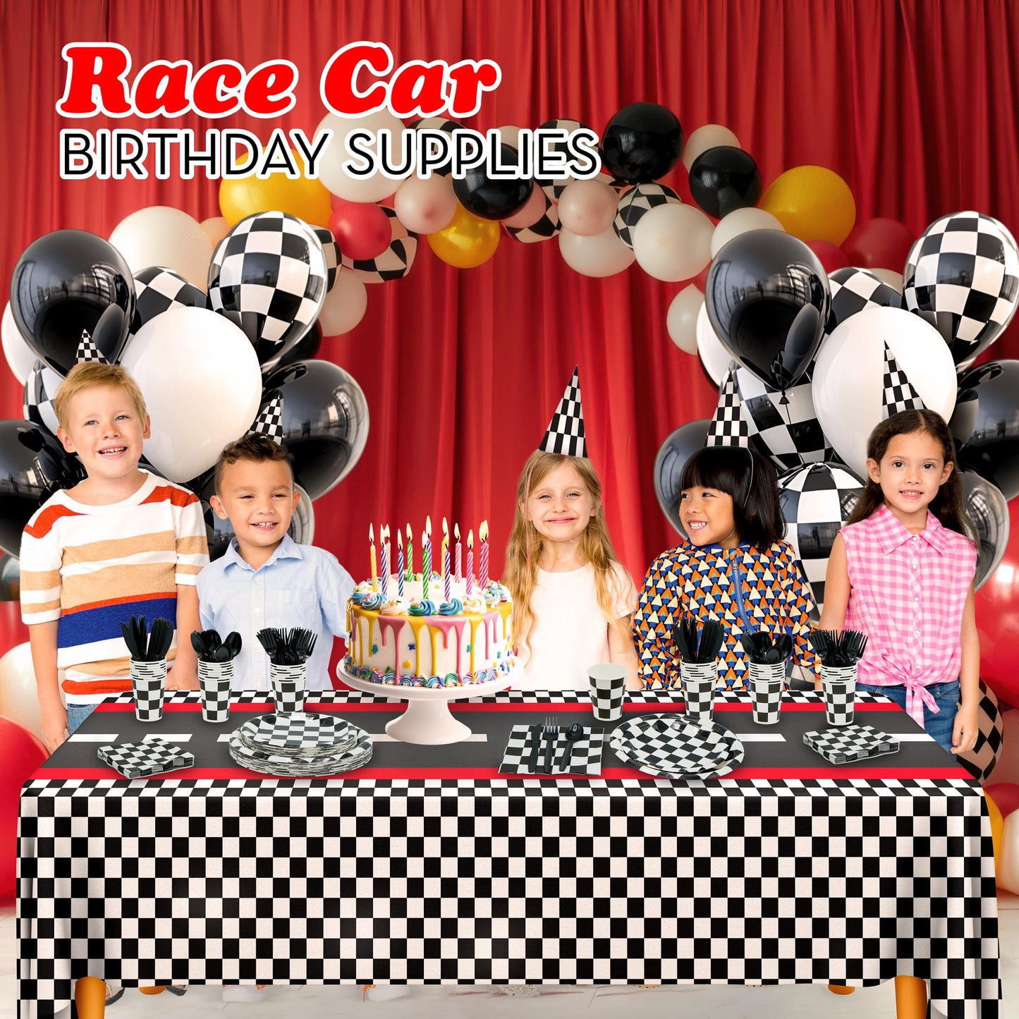 Checkered Party Supplies Set Serves 24 - Checkered Flag Plates, Cups, Napkins, Cutlery - For Race Car Birthday Party Supplies Table Ware Decorations