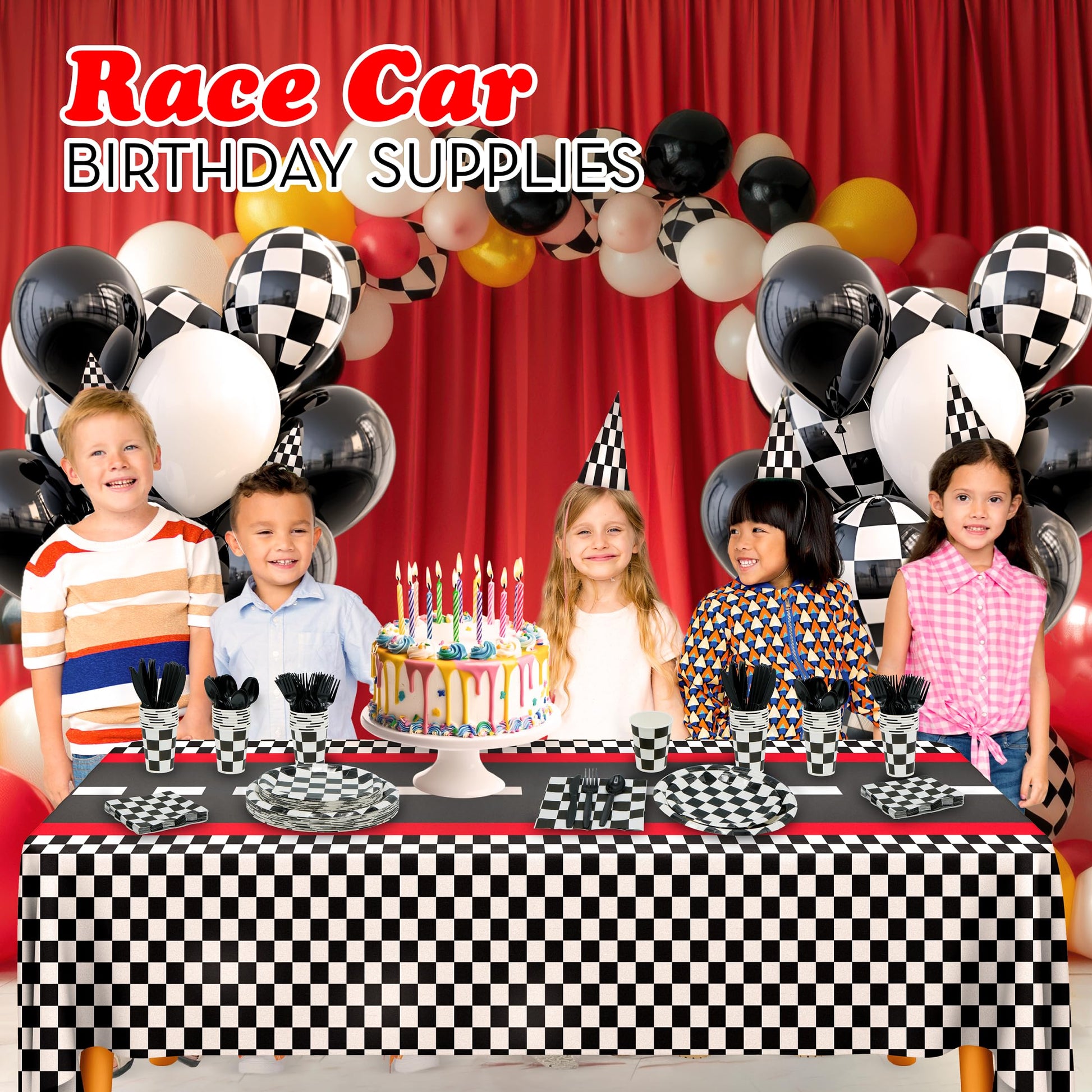 Checkered Party Supplies Set Serves 24 - Checkered Flag Plates, Cups, Napkins, Cutlery - For Race Car Birthday Party Supplies Table Ware Decorations