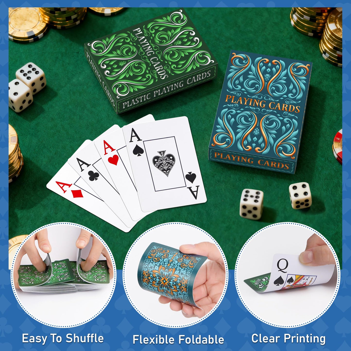Playing Cards, Plastic Playing Cards Waterproof, Deck of Cards 2 Pack, Large Print Playing Card for Seniors Adults, Premium Poker Cards Set for Beach