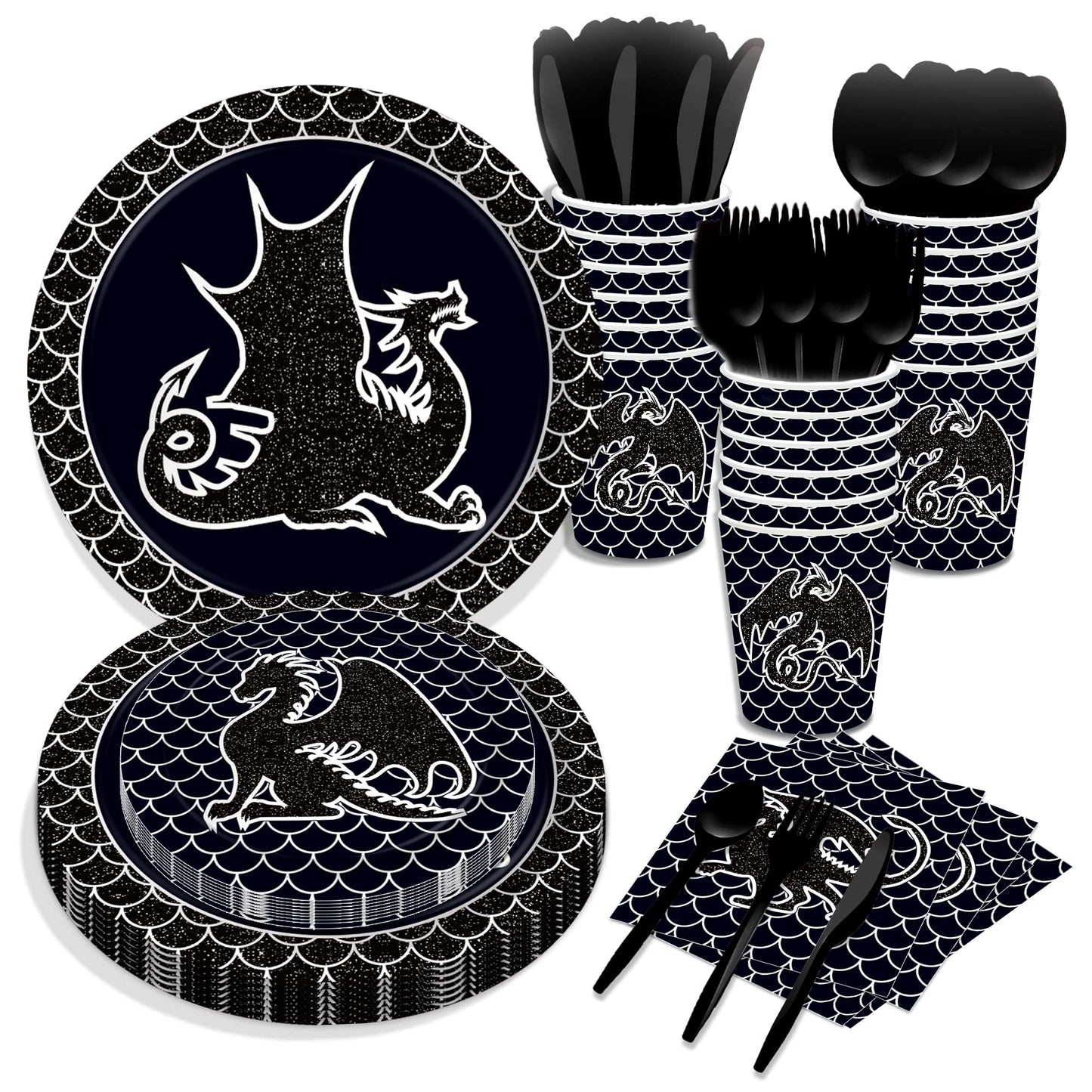 116Pcs Black Dragon Party Tableware Set,Medieval Dragon Party Supplies