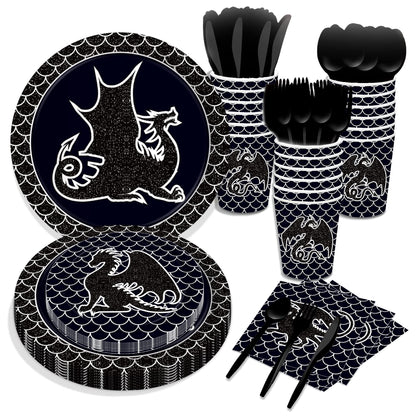 116Pcs Black Dragon Party Tableware Set,Medieval Dragon Party Supplies