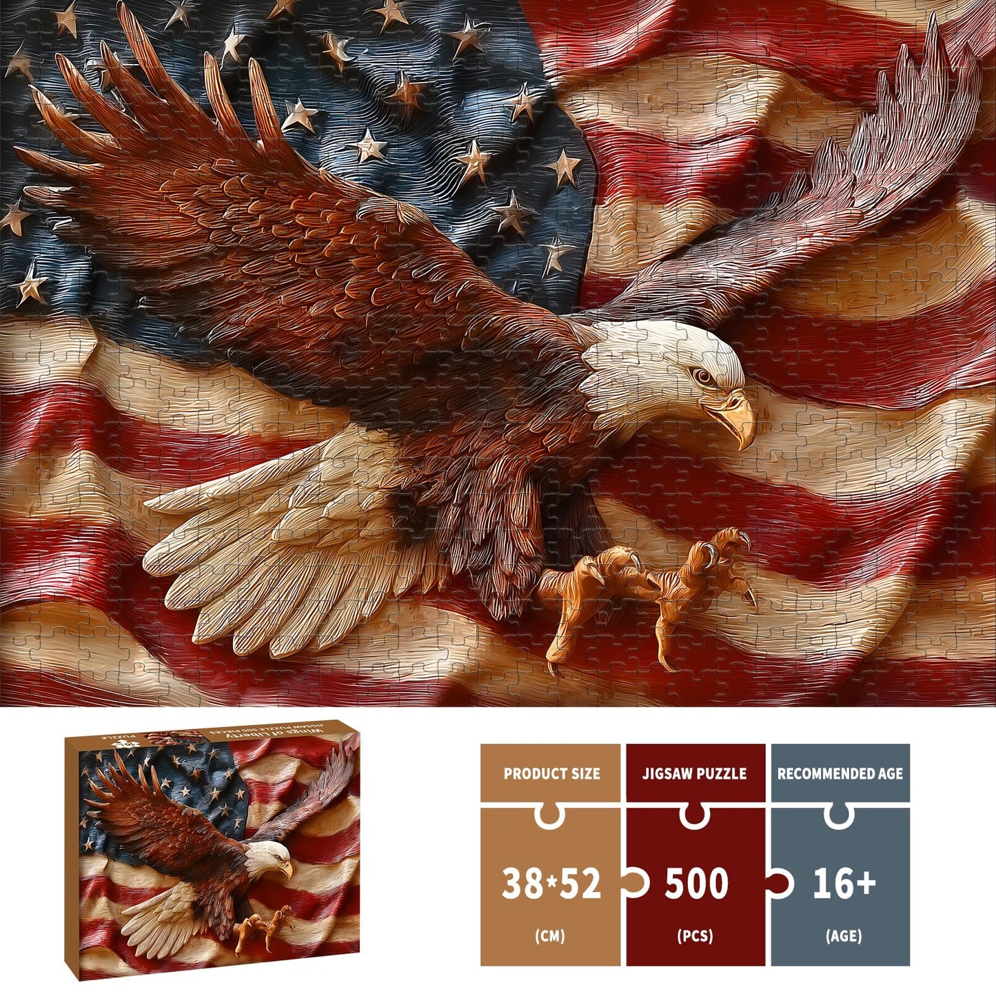 Puzzles for Adults 500 Pieces, Eagles Jigsaw Puzzles - Wings of Liberty, Impossible American Flag Puzzles for Seniors Family, 20.47x14.96 inches, 1:1
