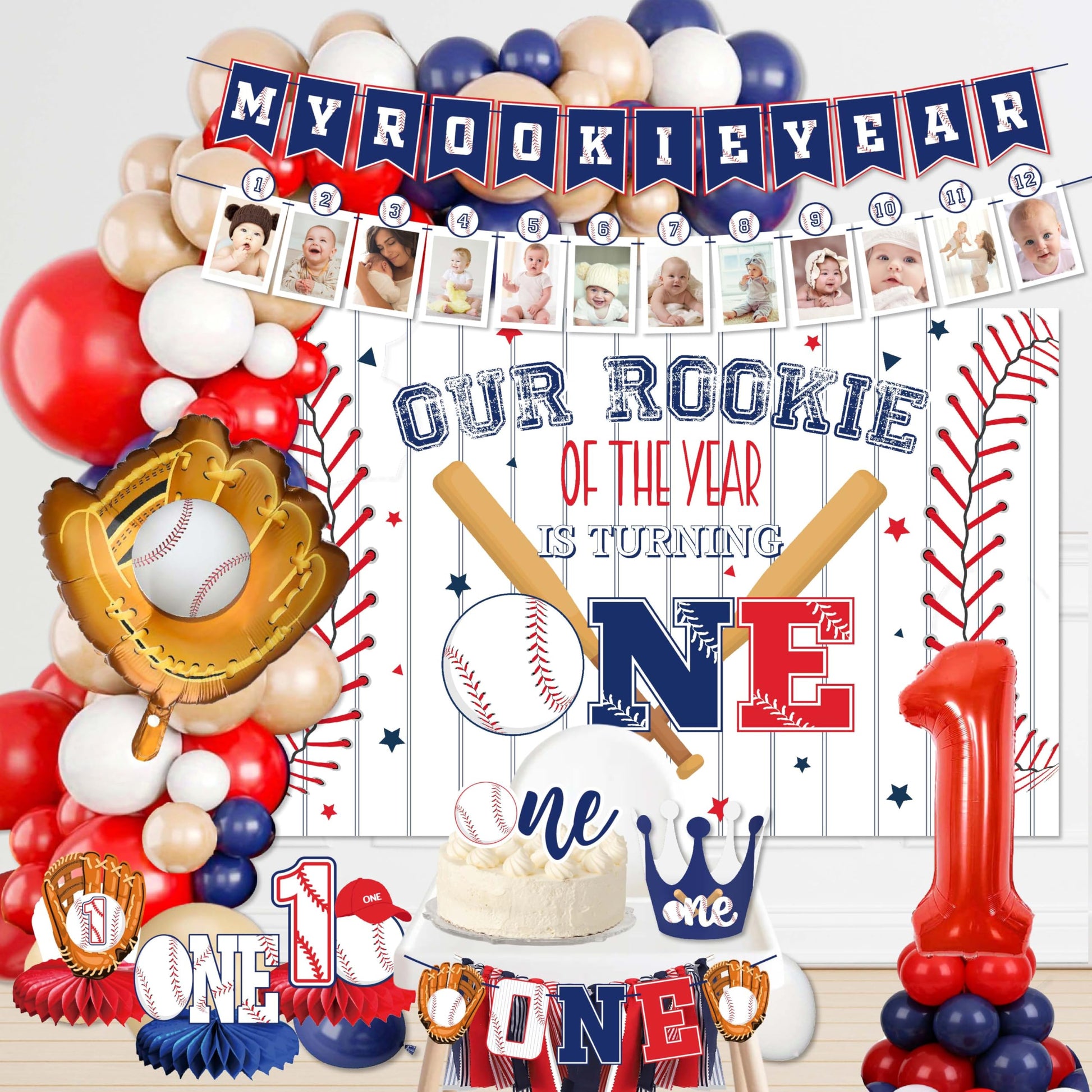 Baseball 1st birthday party decorations boy, our rookie Backdrop,Baseball Balloon Arch,my rookie year banner,first birthday decorations for boy