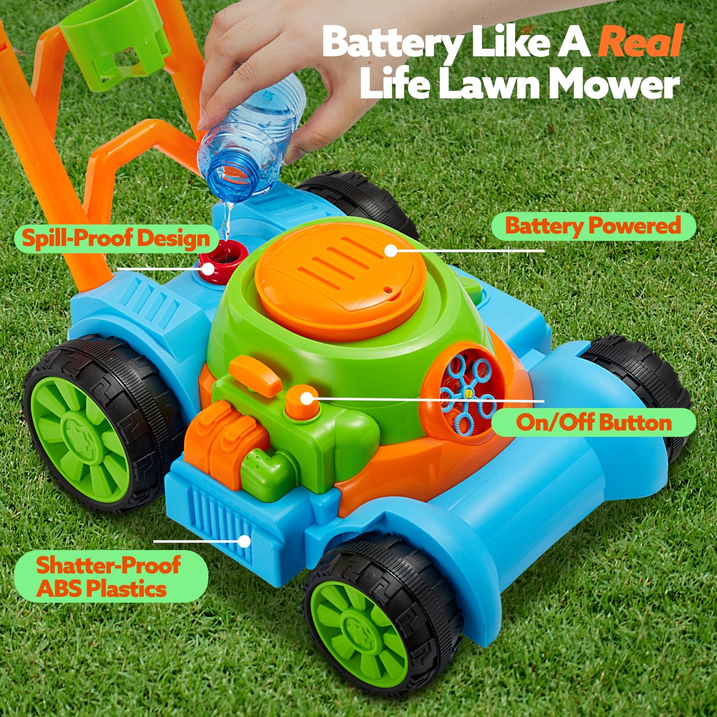 SLOOSH Spill-Proof Bubble Lawn Mower Toddler Toys Bubble Machine