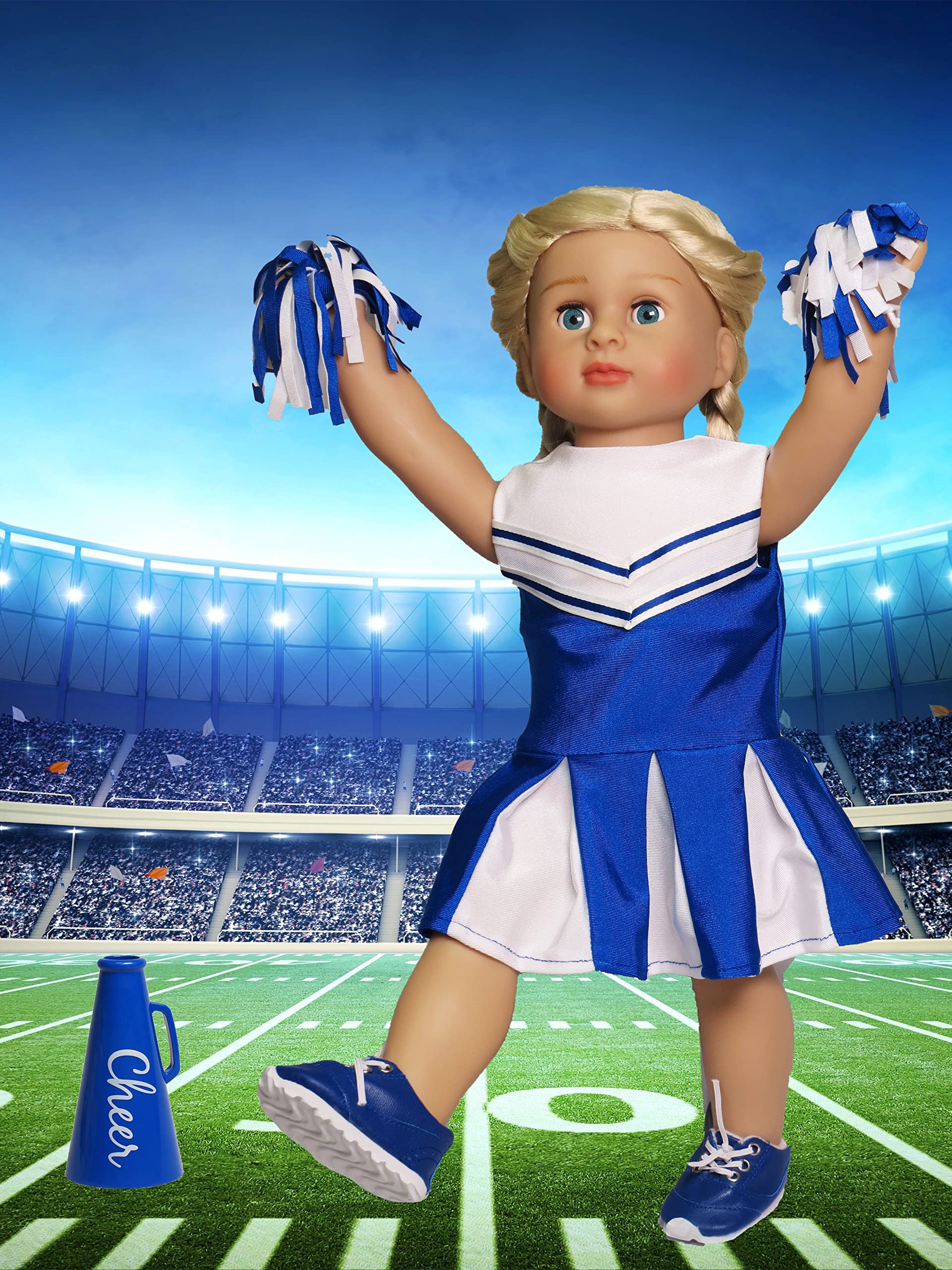 American Fashion World Blue Cheerleading Outfit for 18-Inch Dolls | Accessories Included | Premium Quality & Trendy Design