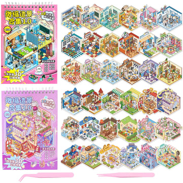 DIY 3D Sticker Scene Book 36 Pcs Sticker Scenes Miniature Room Scene Stickers Book Funny House Scene Sticker Book for Adults Kids Conduce to Relieve