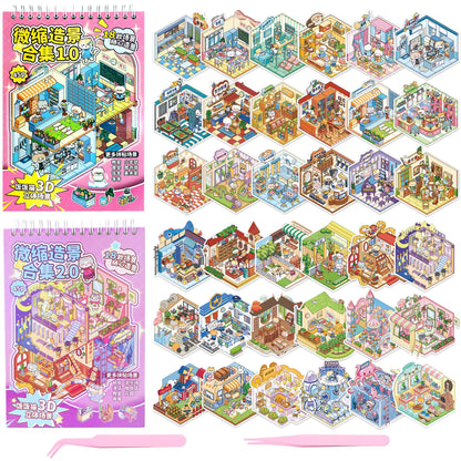 DIY 3D Sticker Scene Book 36 Pcs Sticker Scenes Miniature Room Scene Stickers Book Funny House Scene Sticker Book for Adults Kids Conduce to Relieve