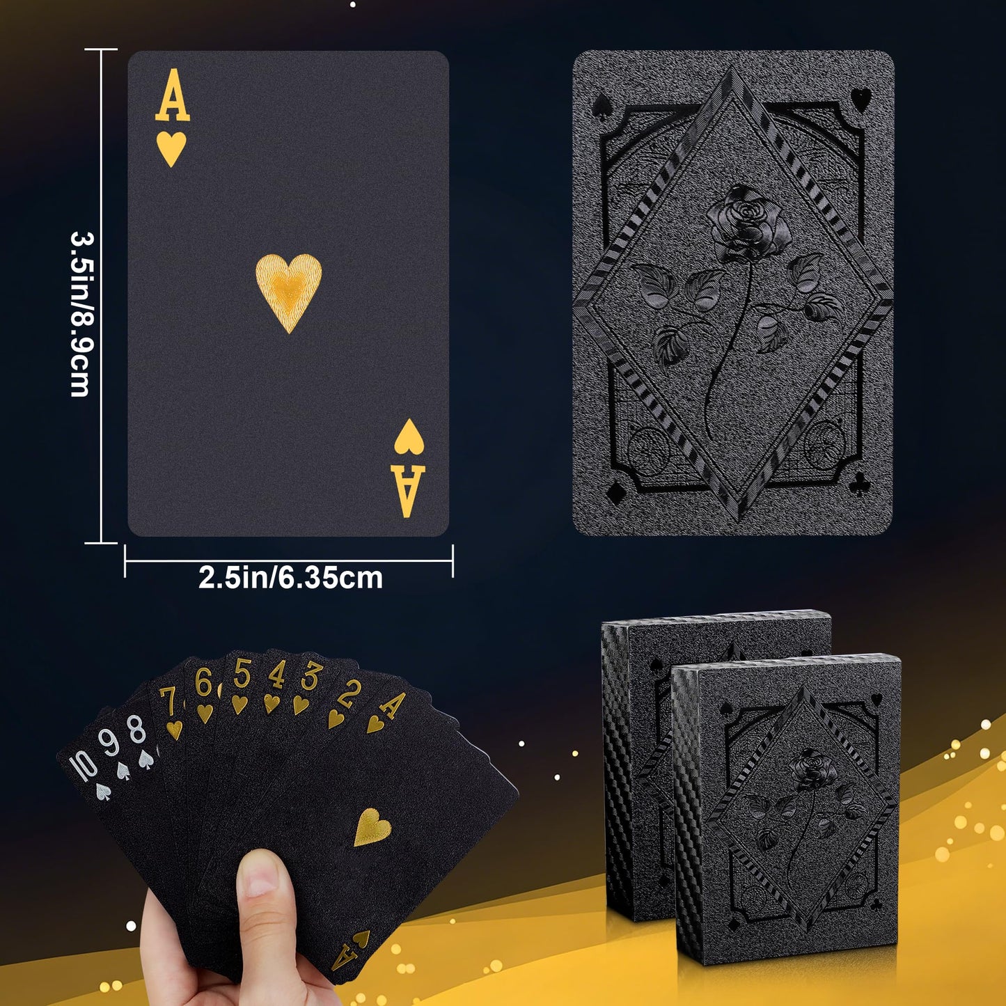 Playing Cards 2 Pack, Plastic Playing Cards, Waterproof Card, 2 Deck of Cards, Black Cool Foil Poker Card Set for Beach Table Magic Pool Camping Party