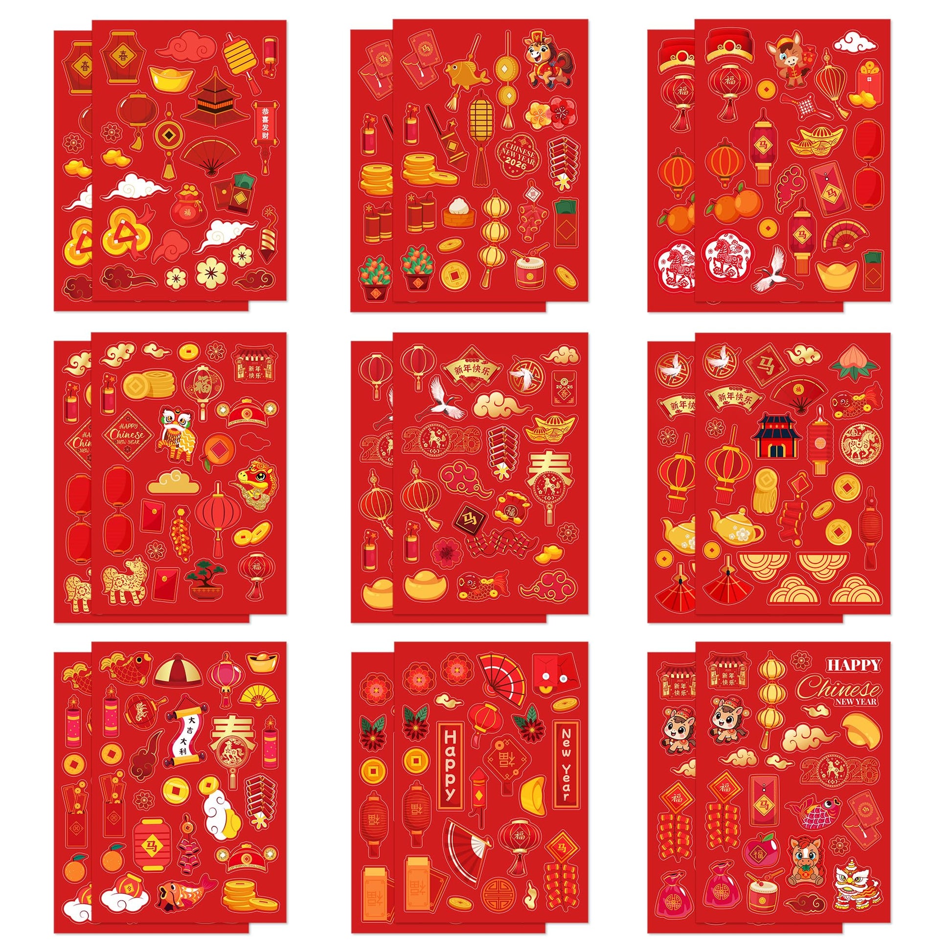 KYMY 2026 Chinese New Year Stickers, 18 Sheets Spring Festival Paper Stickers, Zodiac Horse Lunar New Year Party Favor Labels for Bottles, Envelopes
