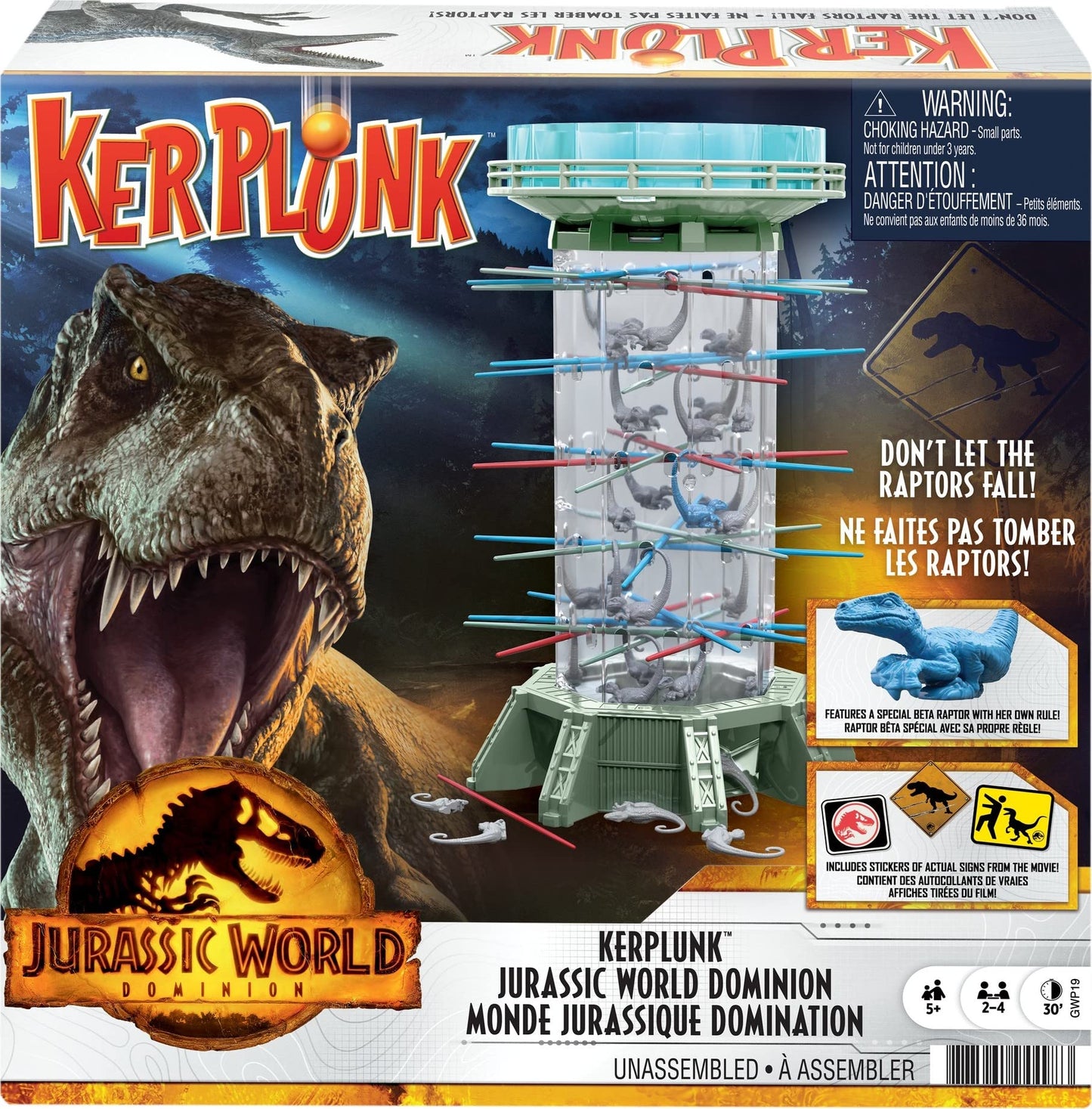 Mattel Games Jurassic World Dominion KerPlunk! Raptors Game with Tower, Sticks and Toy Velociraptor Dinosaurs, Toy and Collectible