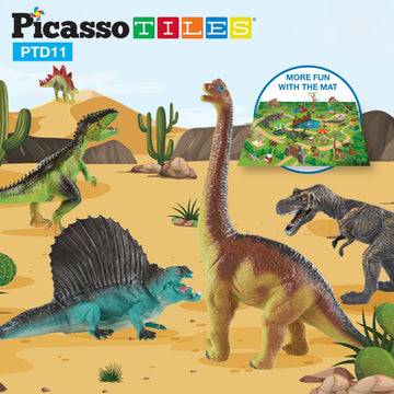 PicassoTiles Dinosaur Play Mat Toys 32pc Dino Playset STEM Activity Learning Kit STEAM Toy with Educational Book, 21 Action Figures T-Rex,
