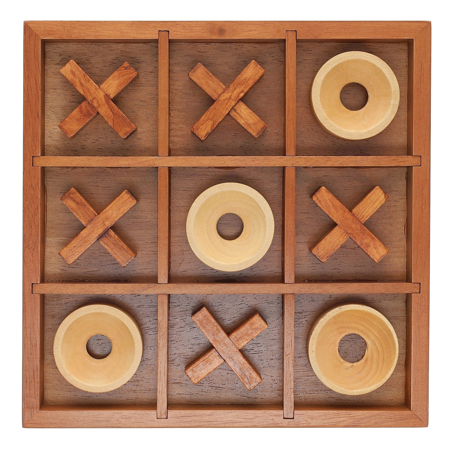 Wooden Tic Tac Toe Game - 9 Inch Solid Wood Board with X and O Pieces, Decorative Coffee Table Game, Classic Home Décor Accent