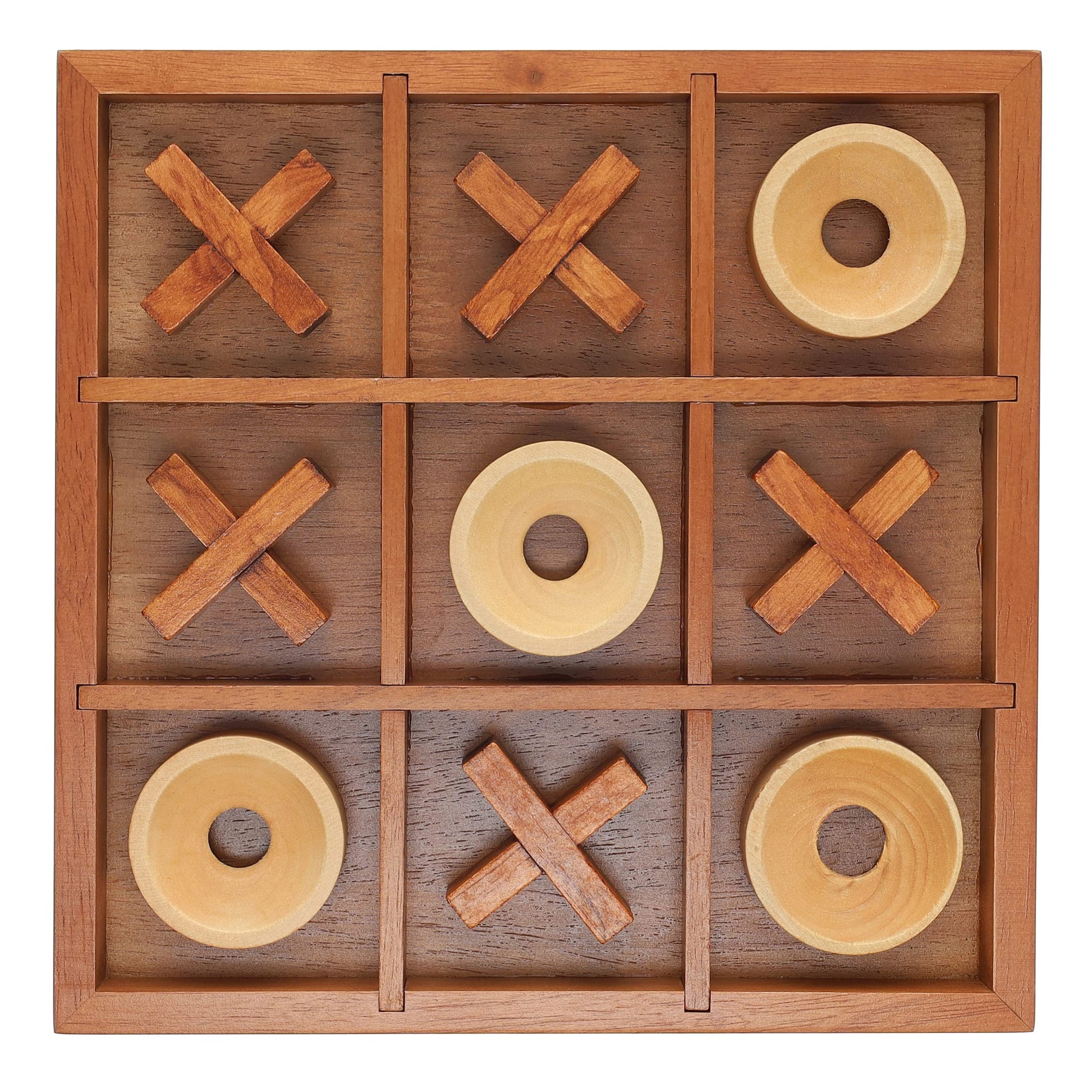 Wooden Tic Tac Toe Game - 9 Inch Solid Wood Board with X and O Pieces, Decorative Coffee Table Game, Classic Home Décor Accent