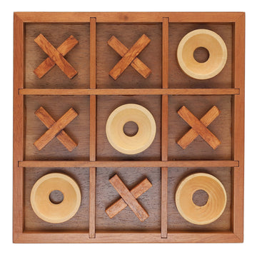 Wooden Tic Tac Toe Game - 9 Inch Solid Wood Board with X and O Pieces, Decorative Coffee Table Game, Classic Home Décor Accent