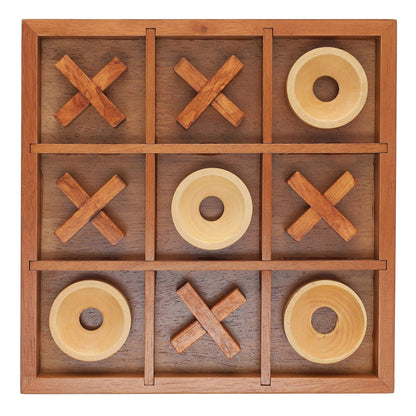 Wooden Tic Tac Toe Game - 9 Inch Solid Wood Board with X and O Pieces, Decorative Coffee Table Game, Classic Home Décor Accent
