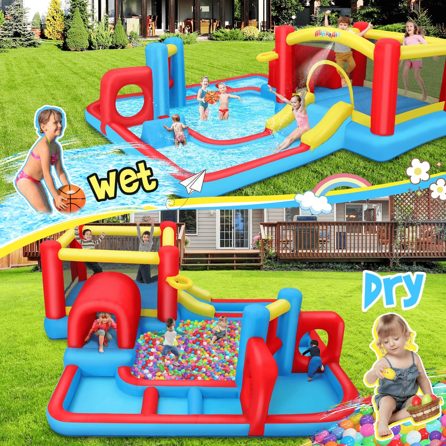 14.3FTx14.3FT Inflatable Bounce House Water Slide for Kids with 520W Blower