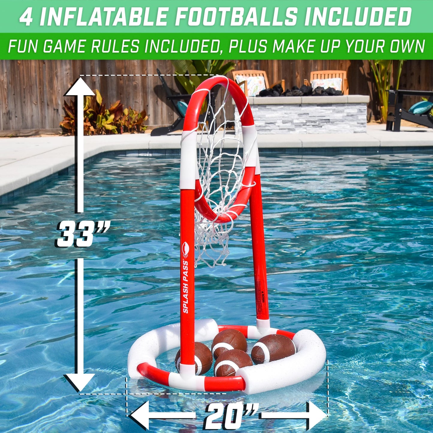 GoSports Splash Pass Floating Pool Football Game Includes Hoop, 4 Footballs and Pump