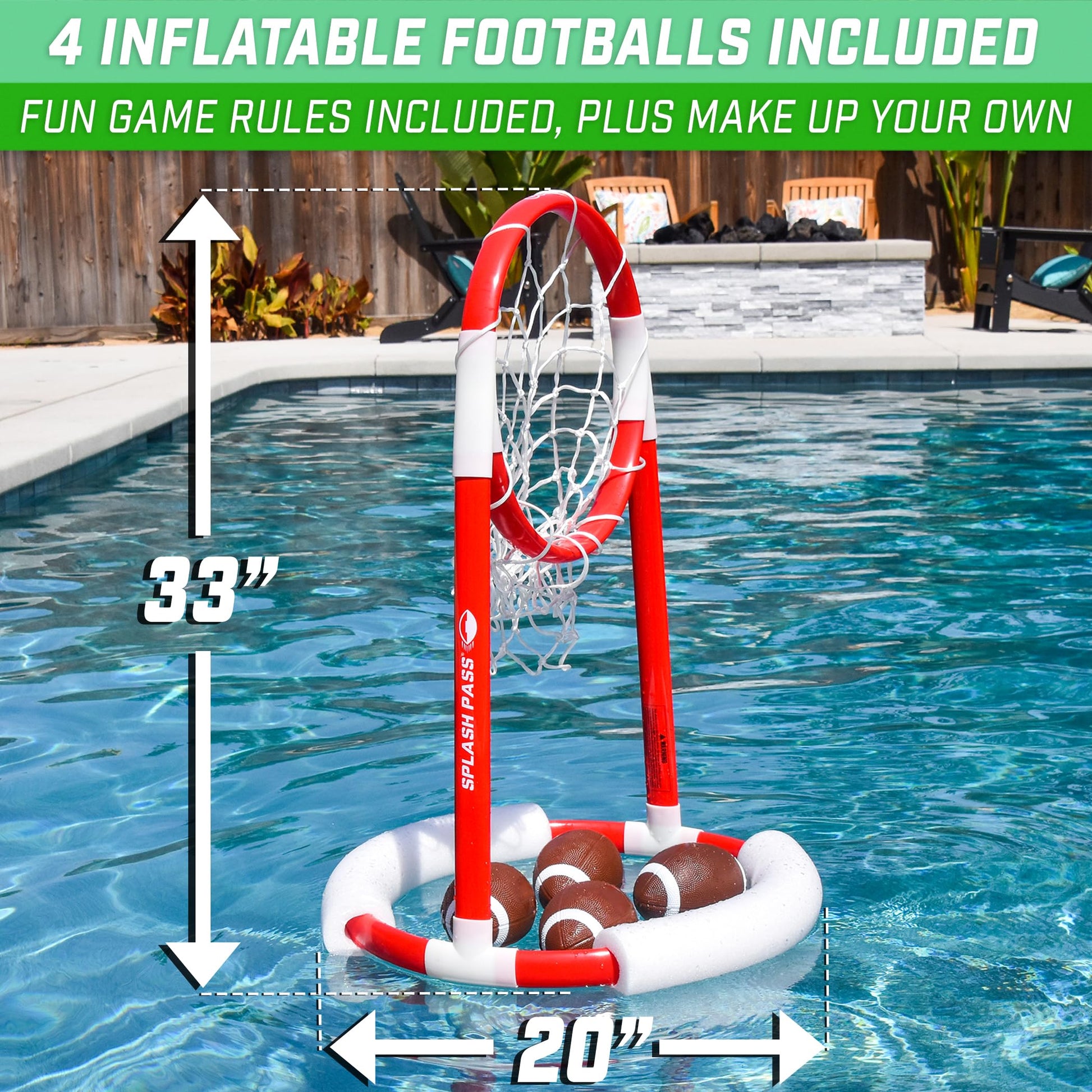 GoSports Splash Pass Floating Pool Football Game Includes Hoop, 4 Footballs and Pump