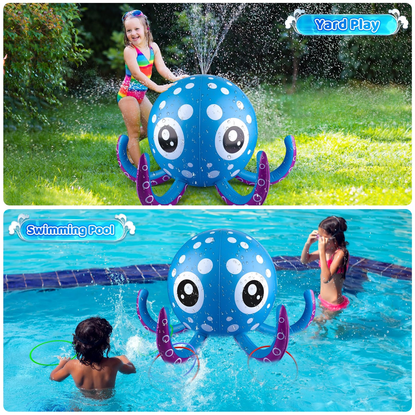 Sprinkler for Kids Inflatable Octopus Water Toys with 6 Rings, Summer Outdoor Toys Backyard Water Spray Sprinkler Fun Pool Toys for 3 4 5 6 Years