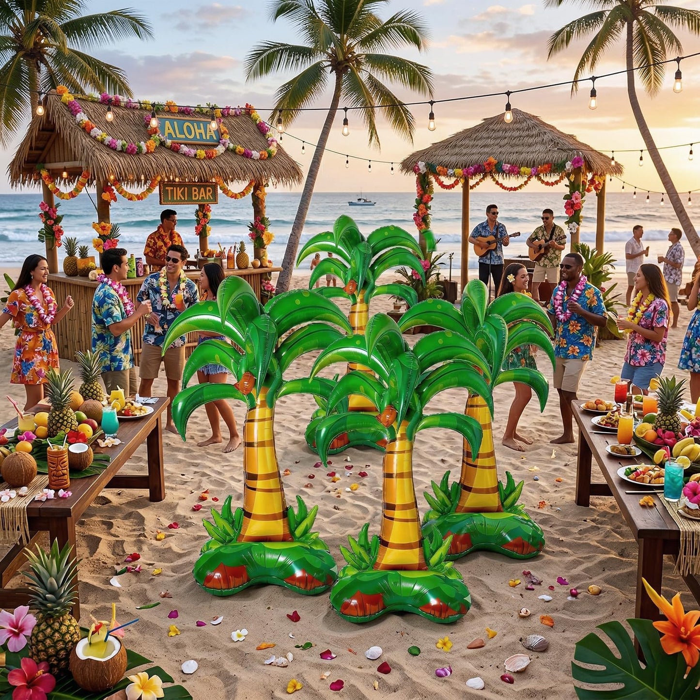 4 Pieces 52 Inches Large Inflatable Standing Palm Tree Balloons, Green Blow Up Foil Coconut Tree Balloons for Birthday Baby Shower Decorations