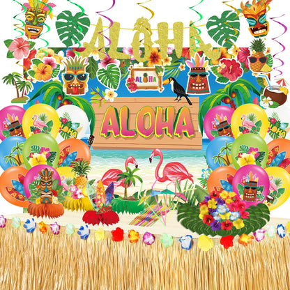 DMIGHT 101PCS Hawaiian Themed Party Decorations Set, Tropical Beach Aloha Summer Party Supplies, Including Backdrop, Table Skirt, Honeycomb