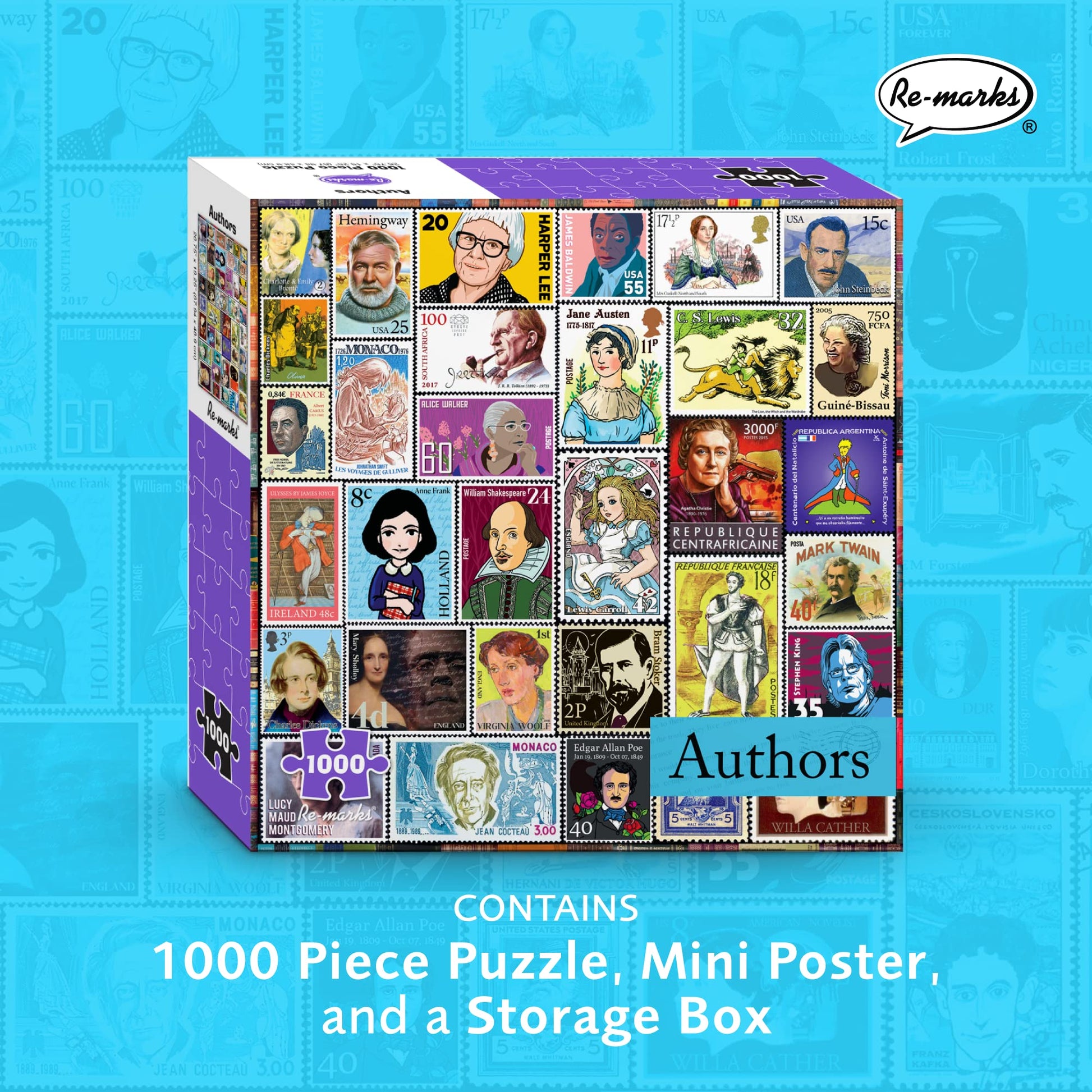 Re-marks Famous Authors Postage-Stamp Collage Puzzle, 1000 Piece Jigsaw Puzzle for All Ages