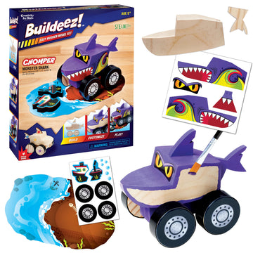 Creativity for Kids Buildeez! Easy Wooden Model Set: Monster Shark Truck, Chomper - Arts and Crafts for Kids, STEM Kids Building Kit, Monster Truck