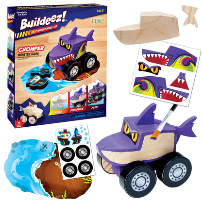 Creativity for Kids Buildeez! Easy Wooden Model Set: Monster Shark Truck, Chomper - Arts and Crafts for Kids, STEM Kids Building Kit, Monster Truck