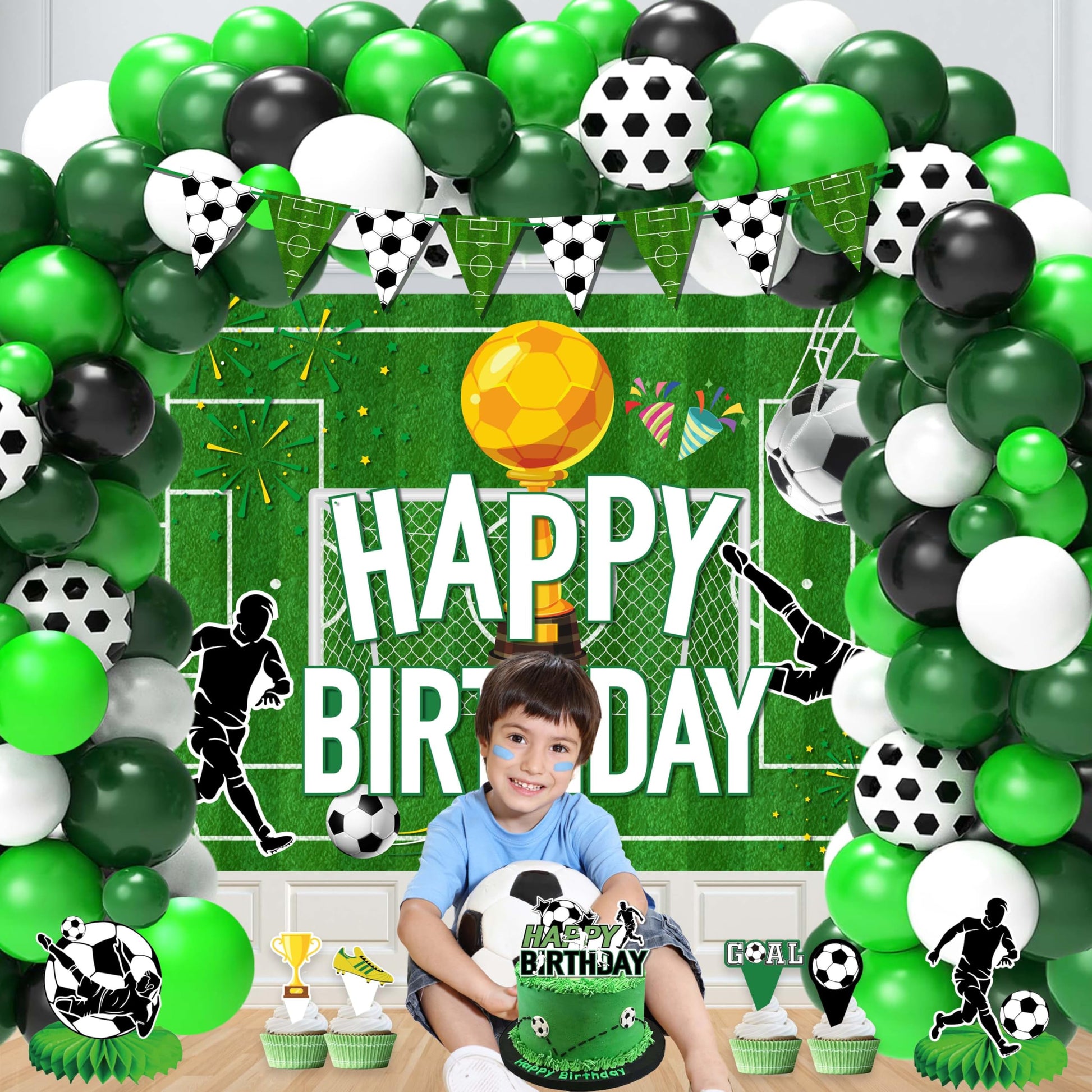 jenlion Soccer Birthday Party Decorations, 120Pcs Kit with Tablecloth, Backdrop Banner, Cake Topper, Balloons, Centerpieces & More for Boy