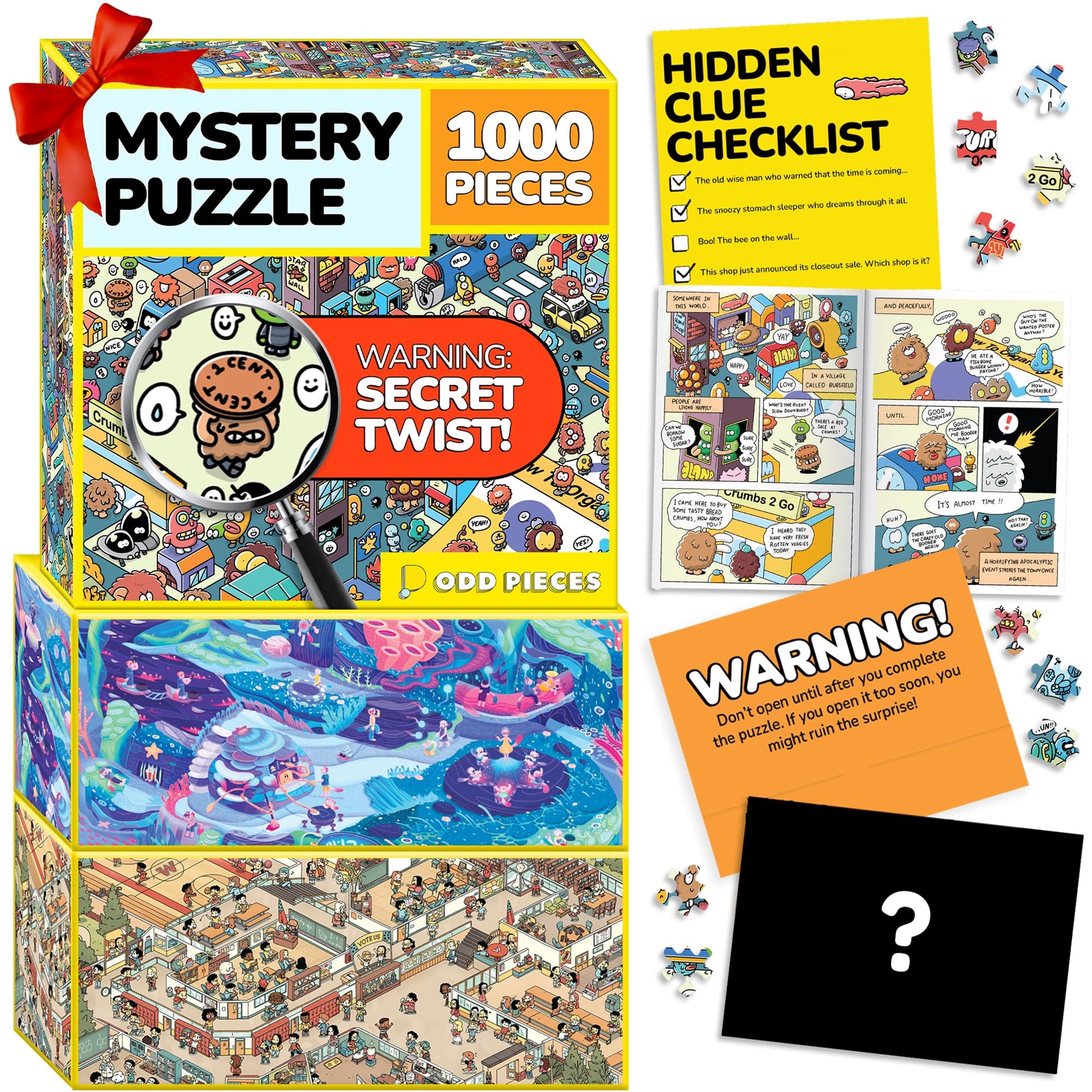 Odd Pieces Jigsaw Puzzles 1000 Pieces with Storytelling Comics, for Women, White Elephant, Mystery Puzzle for Adults & Kids - 19.7'' x 27.6''