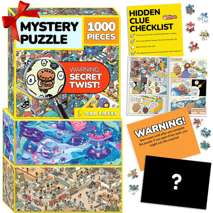 Odd Pieces Jigsaw Puzzles 1000 Pieces with Storytelling Comics, for Women, White Elephant, Mystery Puzzle for Adults & Kids - 19.7'' x 27.6''