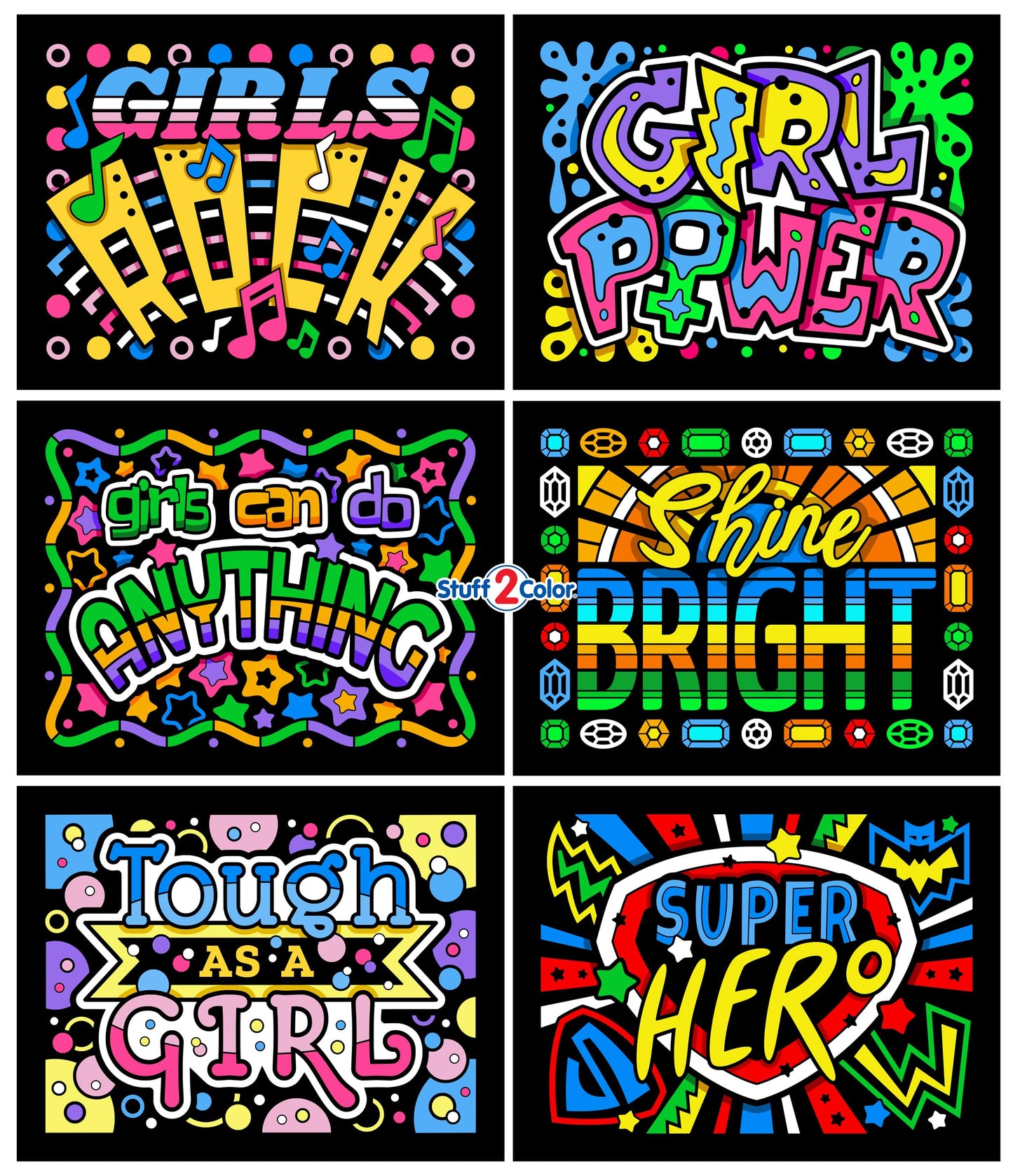 Girl Power 6-Pack of Fuzzy Velvet Coloring Posters for Kids, Toddlers, and Girls (All Ages Arts Crafts Activity) - Positive Messages Inspire