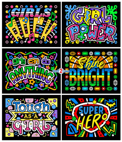 Girl Power 6-Pack of Fuzzy Velvet Coloring Posters for Kids, Toddlers, and Girls (All Ages Arts Crafts Activity) - Positive Messages Inspire