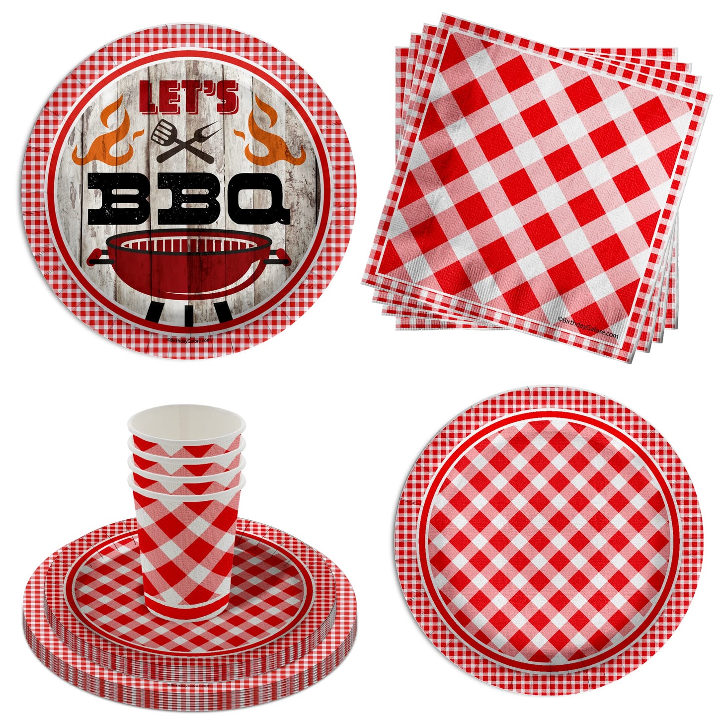 Let's BBQ Red Gingham Birthday Party Supplies - 64 Piece Summer Barbeque Picnic Tableware Set Includes Large 9" Dinner Plates and 8" Dessert Paper