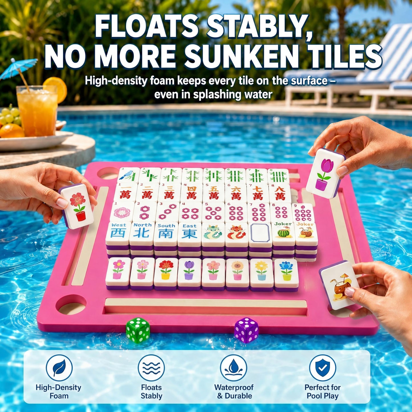 Meizinme Floating Mahjong Tile Set for Pool,160 American Mahjong Tiles Waterproof EVA Foam with Dice Storage Bag for Pool Party Beach Vacation Summer