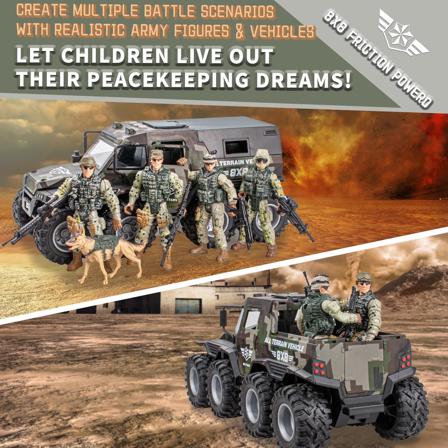 i diy Military Vehicle & Police Car Toy Set with Sound Lights Music, 4 Army Men Action Figures & K9 Dog - Friction Powered Battle Playset for Kids
