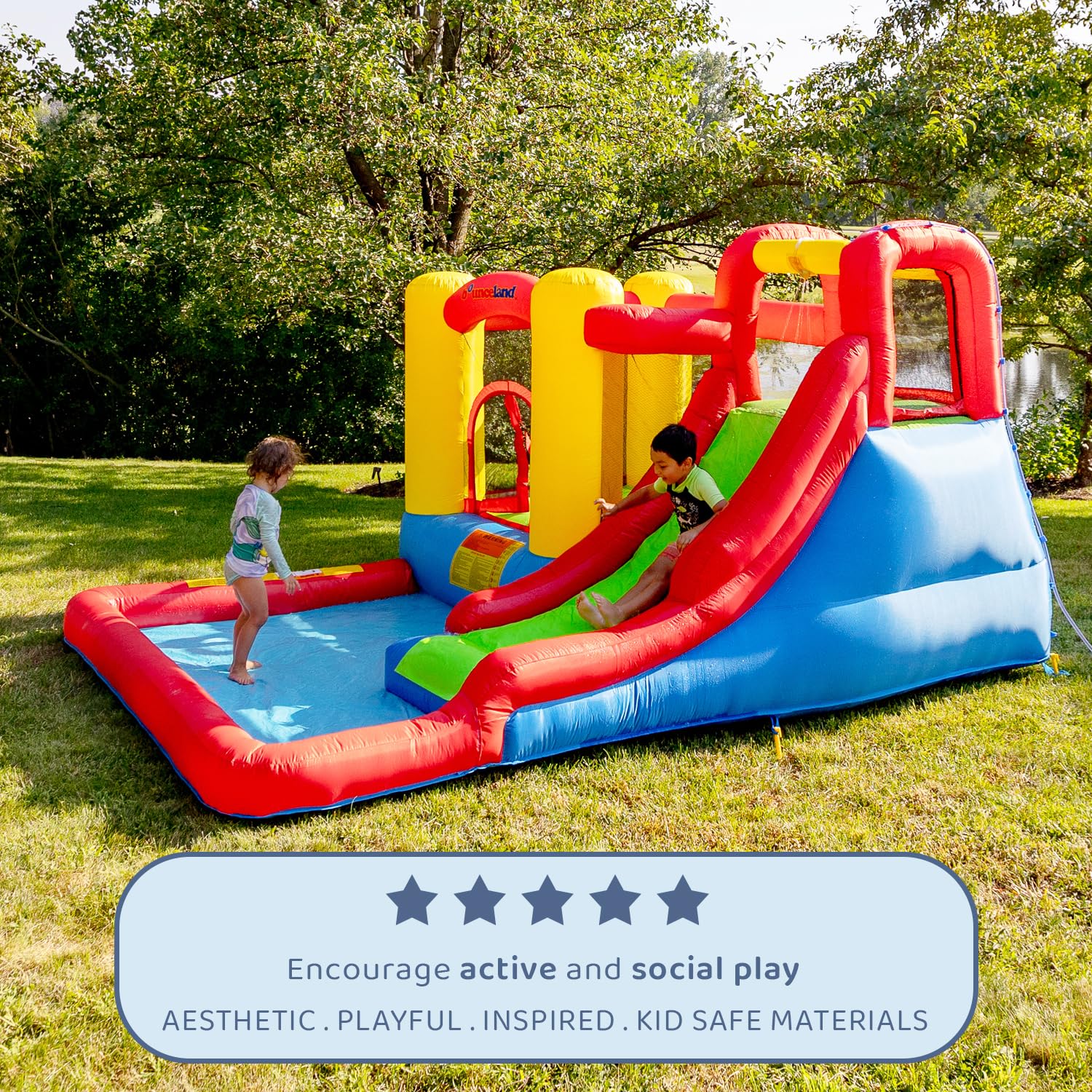 Bounceland Jump and Splash Adventure Bounce House or Water Slide All in one, Large Pool, Fun Bouncing Area with Basketball Hoop, Long Slide