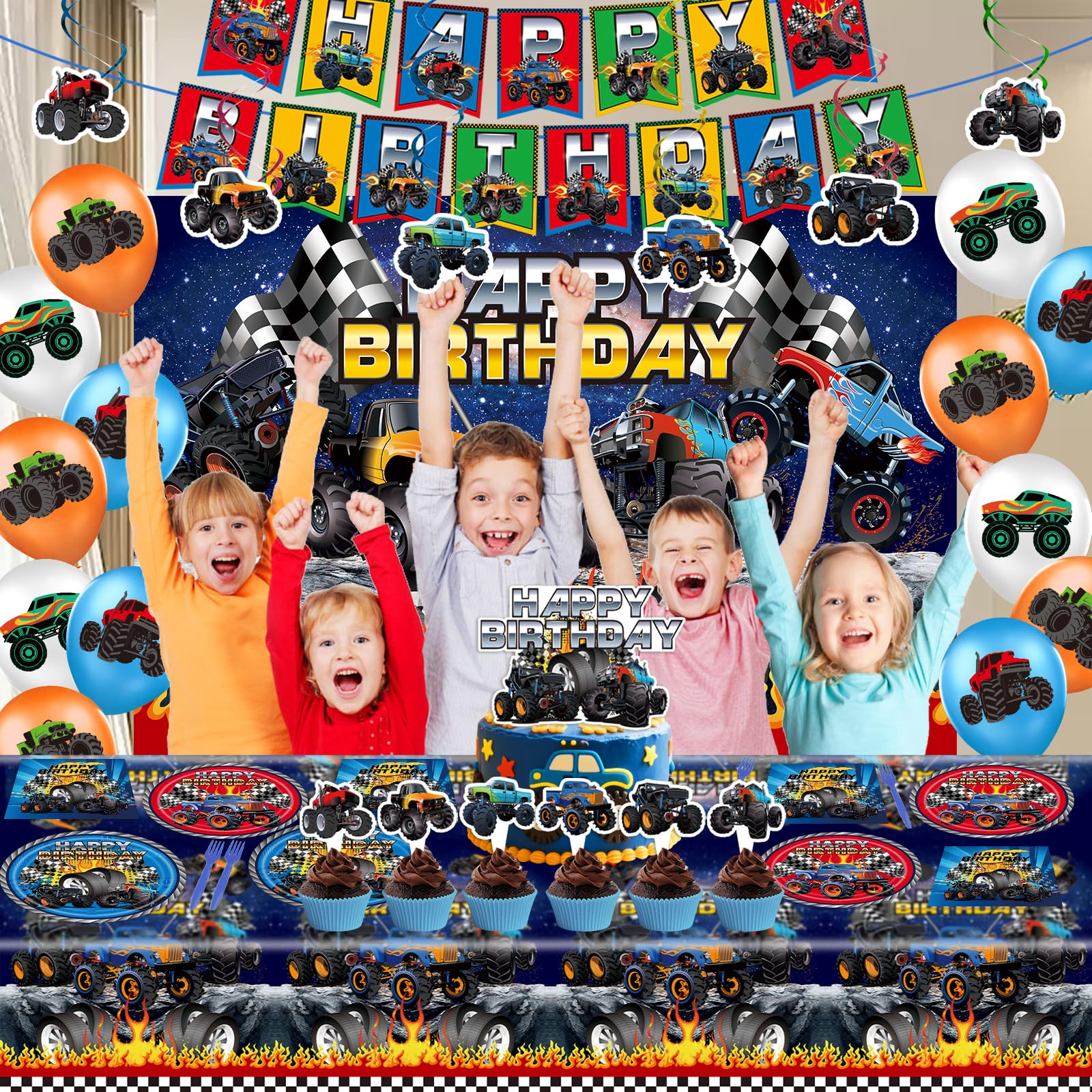 99Pcs Truck Birthday Party Supplies, Truck Theme Decorations&Tableware Set, Include Happy Birthday Banner, Hanging Swirls, Backdrop, Balloons, Cake