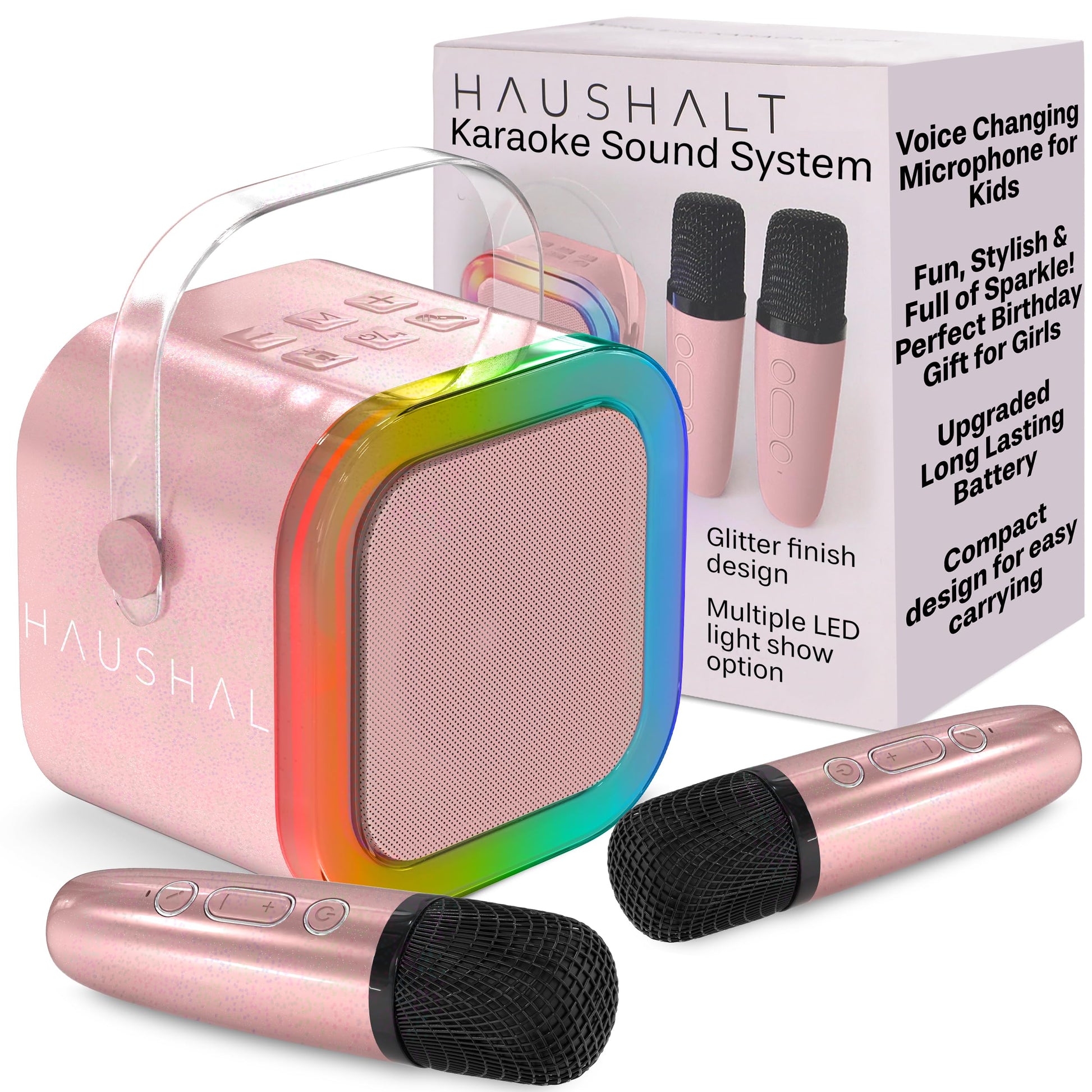 HAUSHALT Mini Karaoke Machine for Kids Adults Teen with 2 Wireless Microphones, Gifts for Girl, Toys for Girls 6-8, Small Portable Bluetooth Speaker