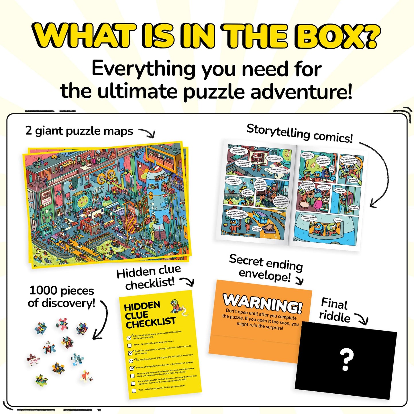 Odd Pieces Jigsaw Puzzles 1000 Pieces with Storytelling Comics, for Women, White Elephant, Mystery Puzzle for Adults & Kids - 19.7'' x 27.6''