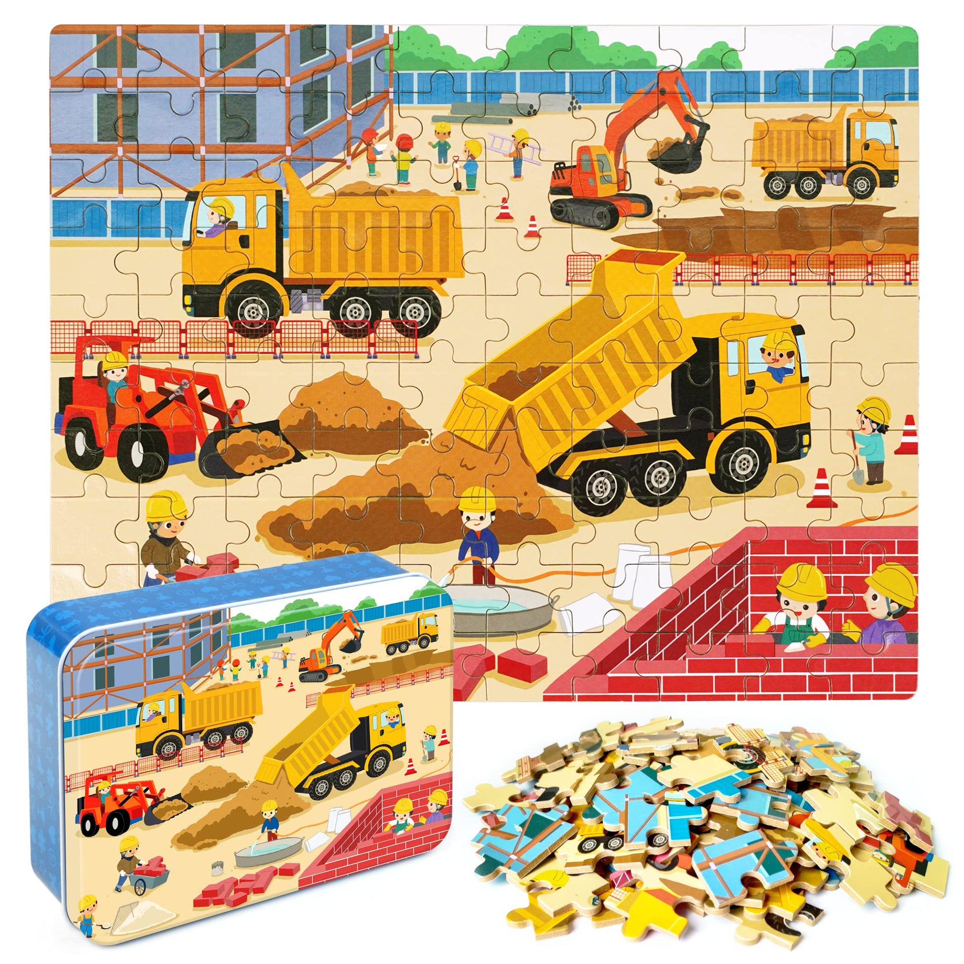LELEMON 100 Pieces Jigsaw Puzzles in a Metal Box for Kids Age for 4-8 Boys Girls Toy Puzzles Construction Site Vehicles Children Learning Educational